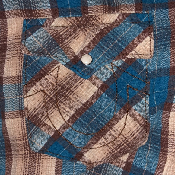 True Religion Mens Blue Brown Plaid Flannel LS Western Pearl Snap Up Shirt SZ 2X - Picture 3 of 4